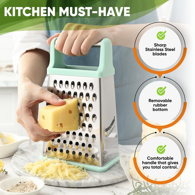 Spring Chef Professional Cheese Grater - Stainless Steel Box Grater for Kitchen, XL Size - Perfect 4 Sided Shredder for Parmesan Cheese, Vegetables, Ginger - Dishwasher Safe - Mint - Image 3